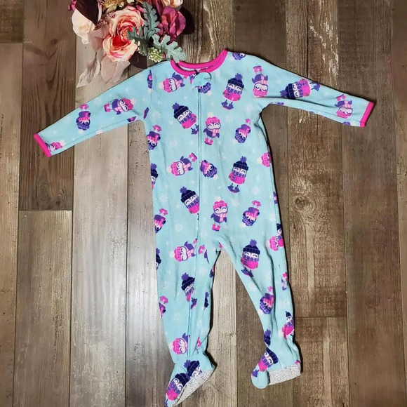 Carter's Size 2T Toddler Girl Blue and Pink Penguin Fleece Footed Pajamas - Picture 14 of 15